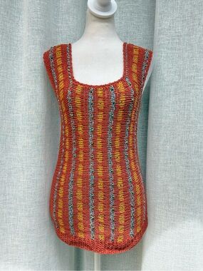 Sleeveless vintage knitted orange blue yellow top metal beads